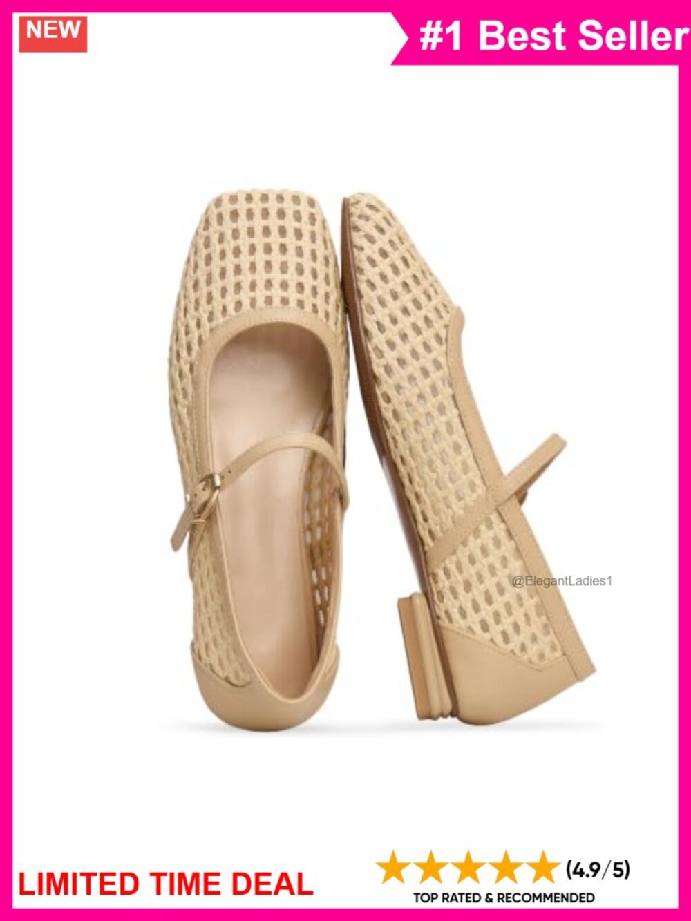 Mary Jane Ballet Flats Mesh Woven Square Toe Faux Leather Buckle